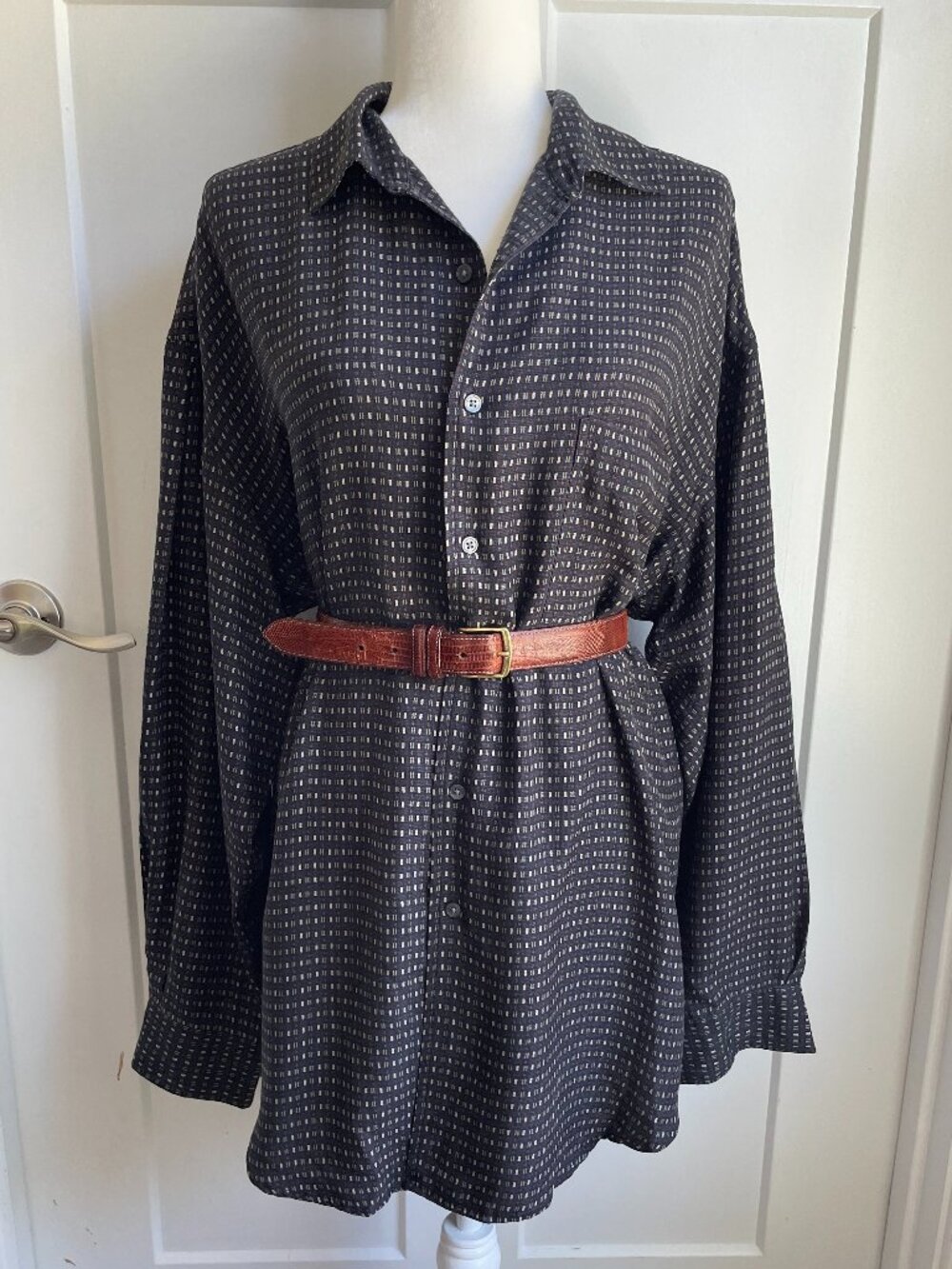 Perry Ellis 100% Silk Button Down Shirt XL Vintage Menswear Shirtdress Oversized